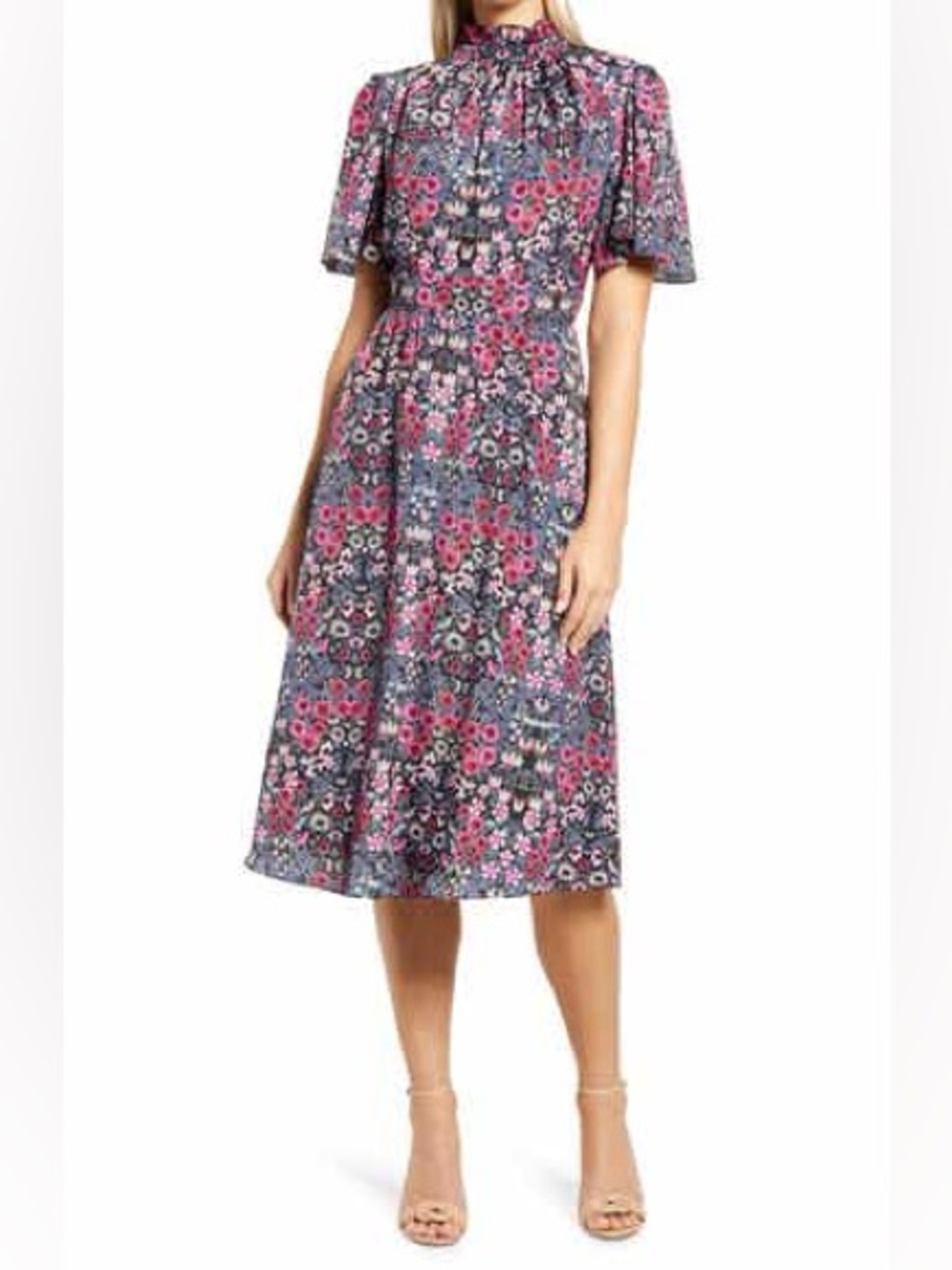 Julia Jordan Flutter Sleeve Ruffle Mock Neck Midi Dress